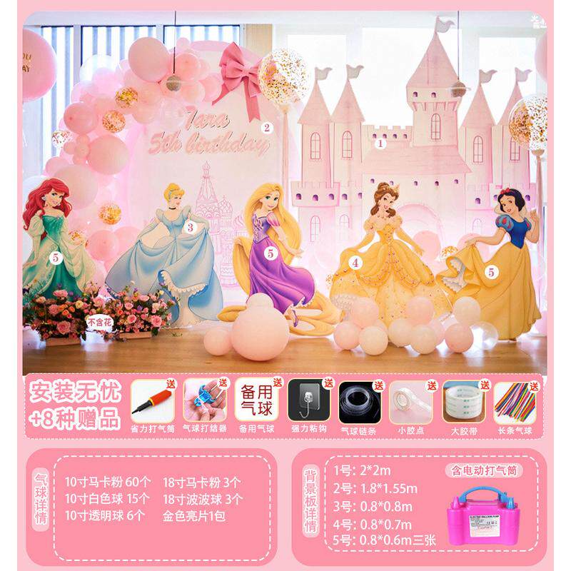 白雪公主城堡主题周岁派对场景布置气球女孩生日装饰背景墙kt板