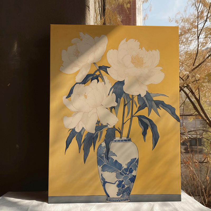 新中式花卉装饰画现代沙发背景玄关走廊壁画书房静物盆栽竖版挂画图片