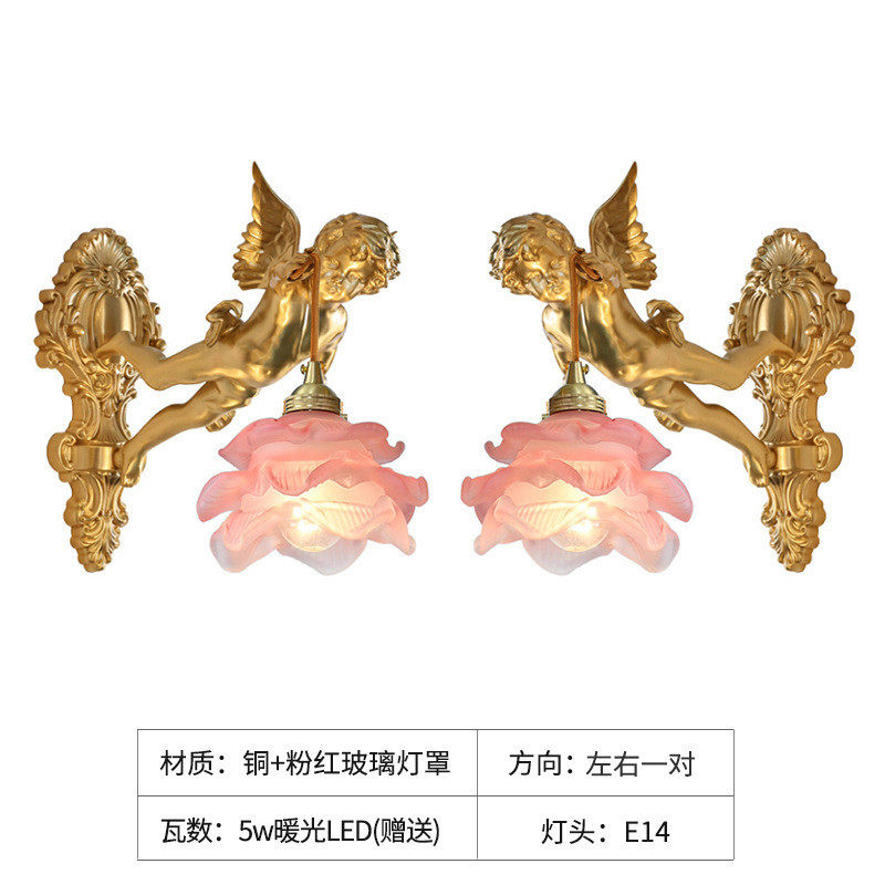 法式全铜灯具壁灯中古客厅卧室书房过道墙灯美式复古轻奢水晶天使
