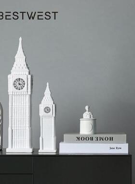 博西家居 英国伦敦白色大本钟陶瓷摆件 家居软装建筑钟楼工艺品