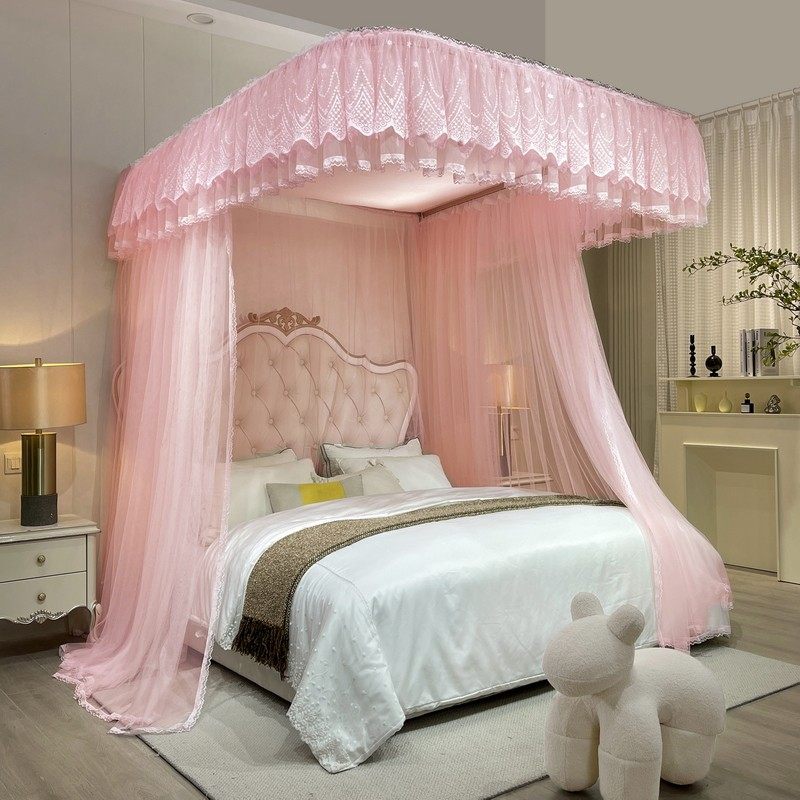 69n新款导轨蚊帐家用卧室防尘顶支轨道公主纹账加密床幔可升降u型