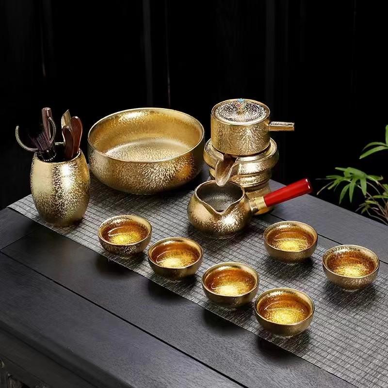 七彩结晶钻釉鎏金建盏套装整套功夫茶具套装侧把壶盖碗办公套装