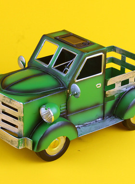 复古带灯太阳能皮卡车花盆装饰品花园装饰迷你巴士树脂摆件