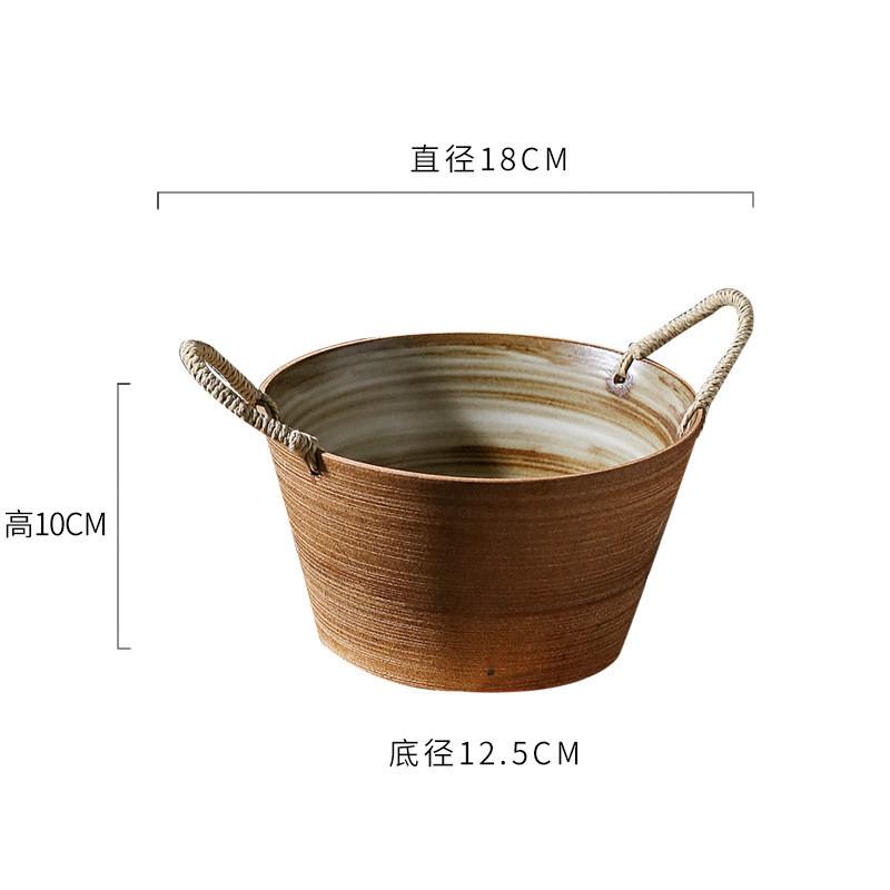 陶瓷餐具双耳汤碗藤编家用大号日式水果沙拉碗创意复古粗陶手作
