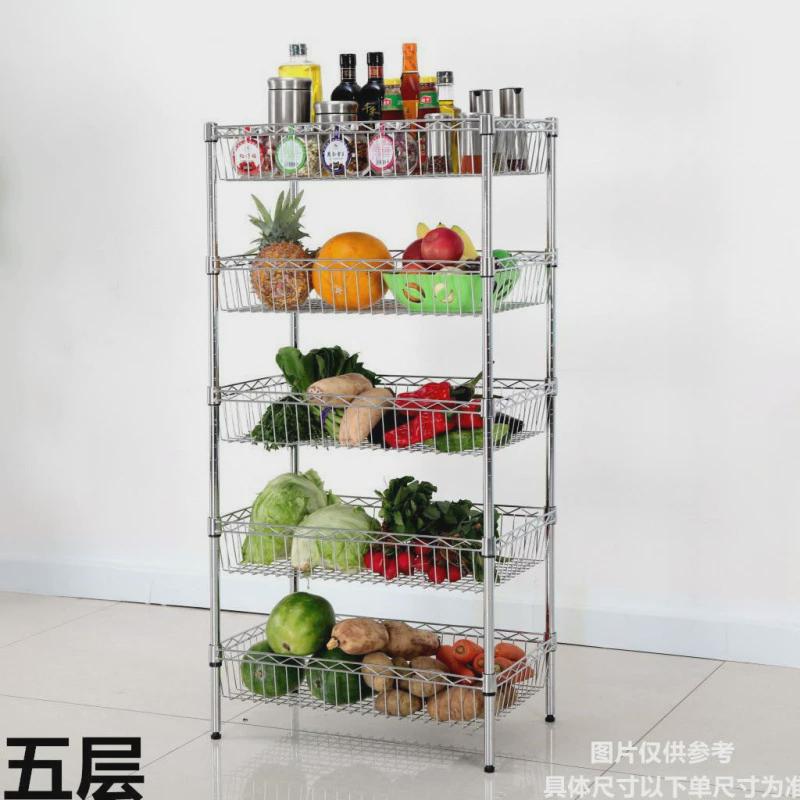 厨房蔬菜置物架果蔬收纳架四层不锈钢色落地菜筐放菜架子菜筐锅架