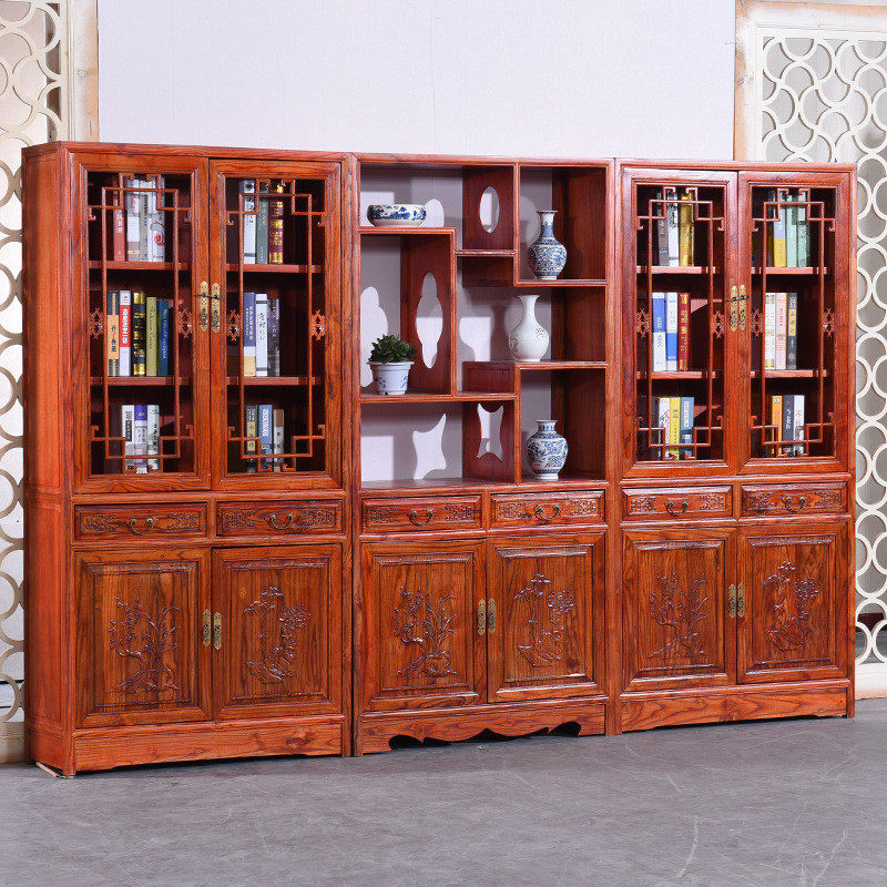 中式实木书架三组合书柜货物架展示柜榆木古玩展示架置物架博古架,住宅家具,单个书柜,淘宝优惠券,粉丝福利购,淘宝优惠卷