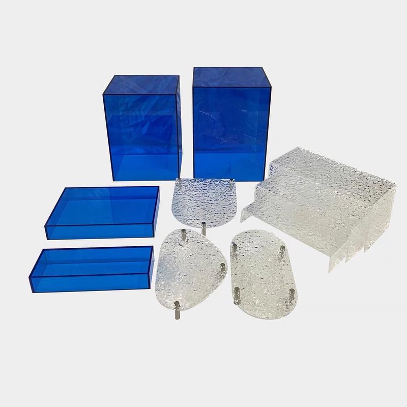 蓝色甜品台柱子亚克力石头纹茶歇点心架子展示水波纹婚礼宴会摆台