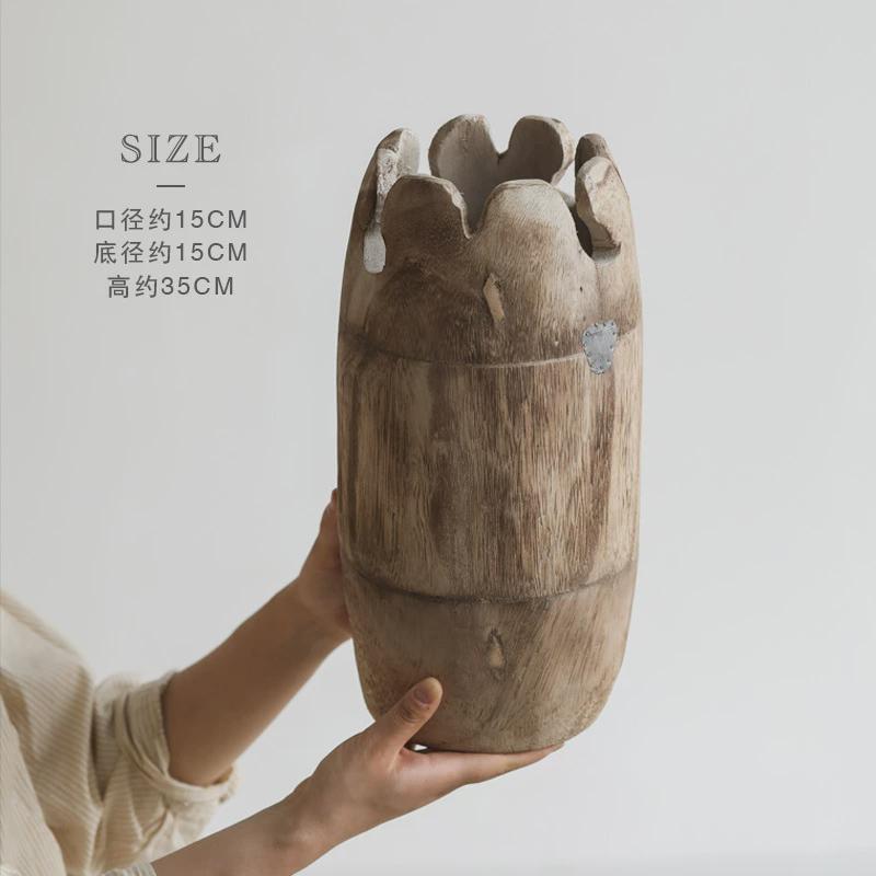 泡圆桶花插木制桐木手工打磨复古民宿实木花瓶摆件木质工艺品