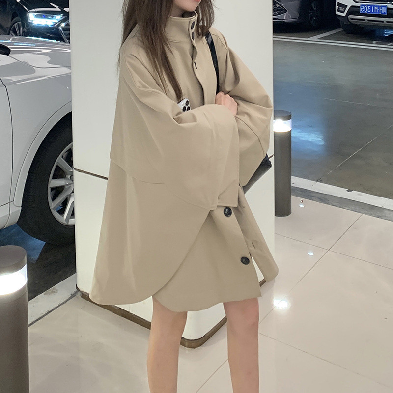 如意悉尼的风设计师休闲宽松立领斗篷式风衣外套女中长款披肩大衣