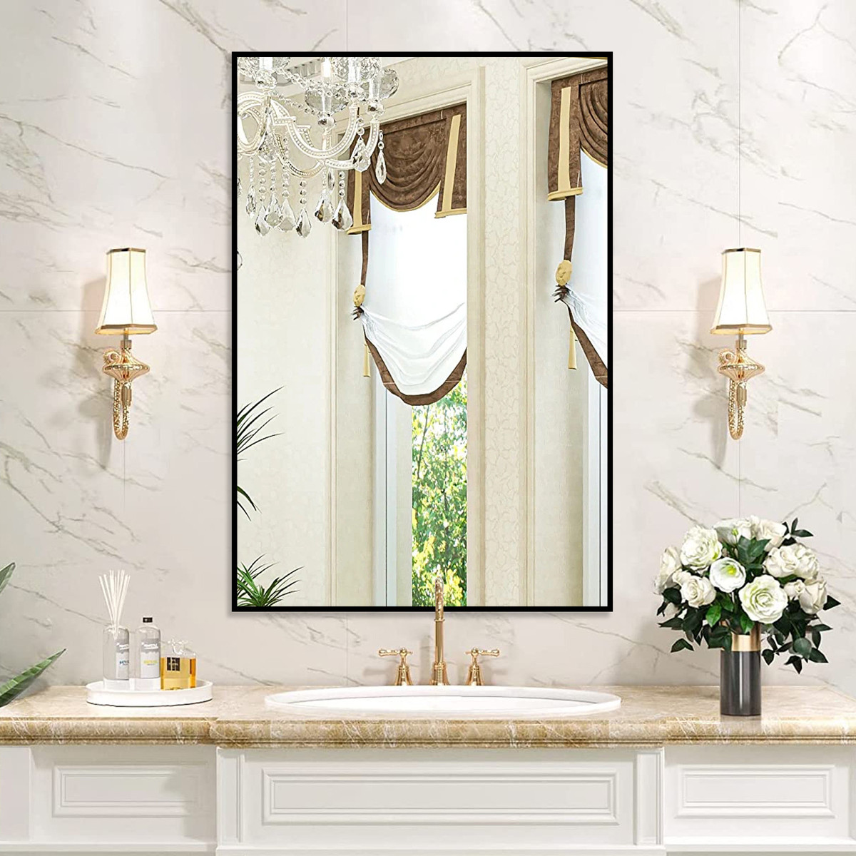 铝合金外浴室镜拉丝金属小尺寸框壁挂式卫生间打孔圆镜酒店装饰镜