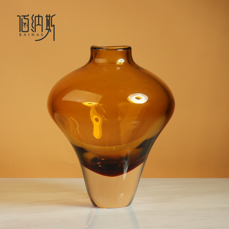 美式古典加厚简约装饰品室内餐厅酒店玻璃琥珀水培水果盘花瓶摆件