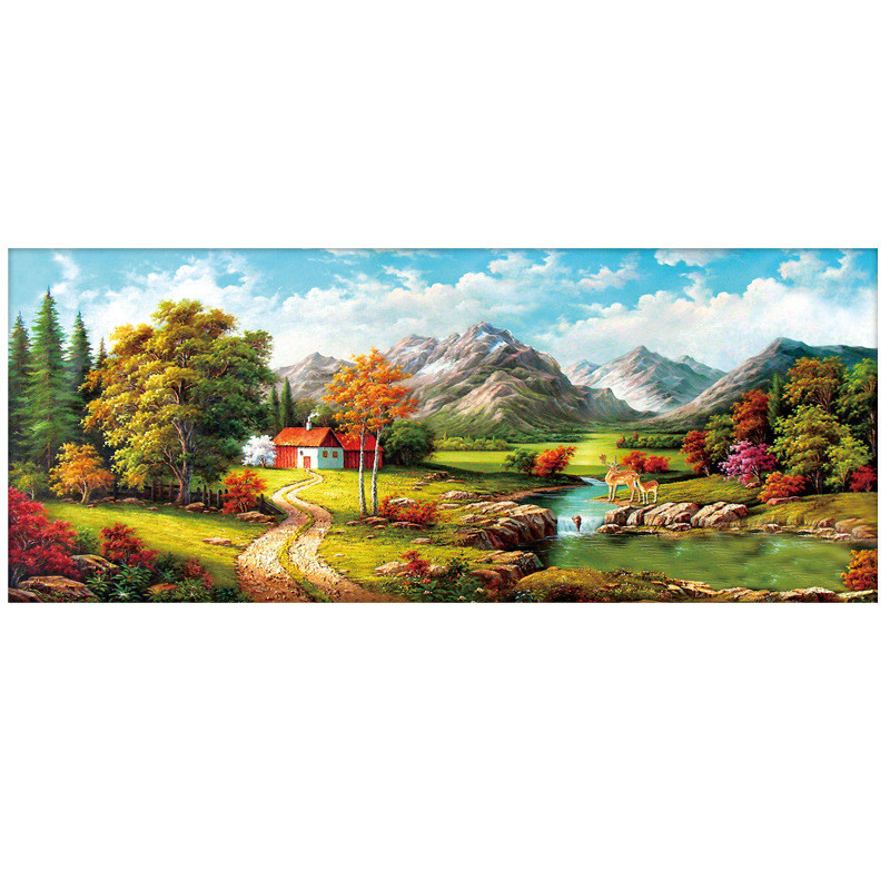 新款印花十字绣流水生财客厅风景线绣欧式田园风光小屋山水画满绣