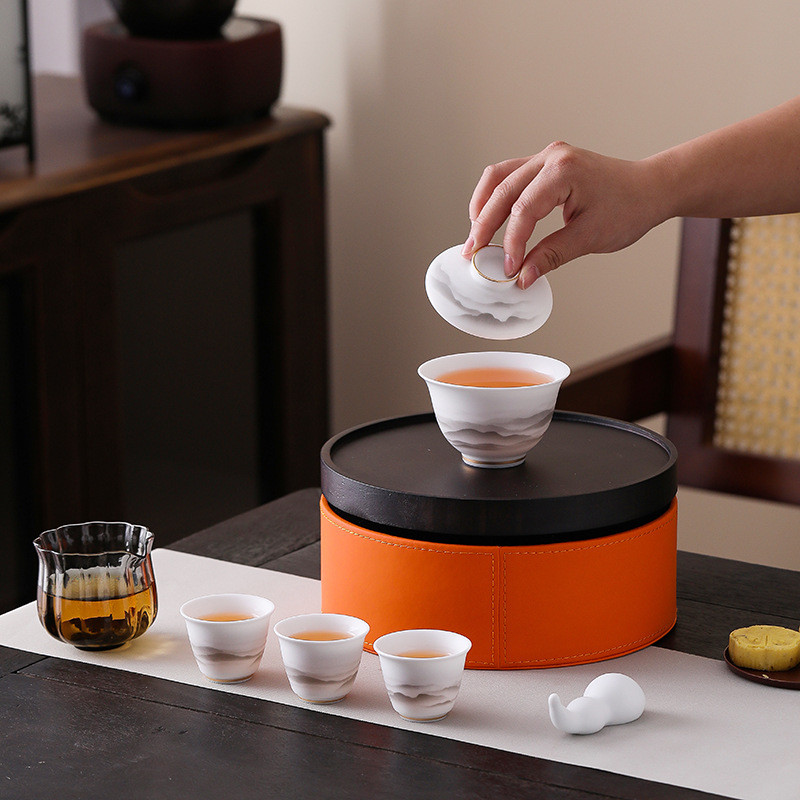 冰种玉瓷远山便携式茶具套装旅行包创意白瓷羊脂白玉户外喝茶装备