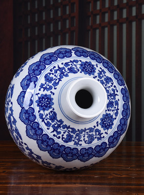 景德镇陶瓷莲釉下彩经典青花瓷缠枝工艺品摆件大号梅瓶家居装饰品