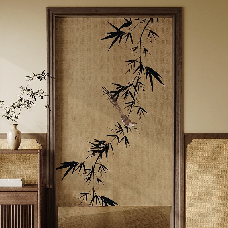 新中式布艺厨房卧室遮挡帘子卫生间厕所免打孔半帘挂帘门帘隔断帘