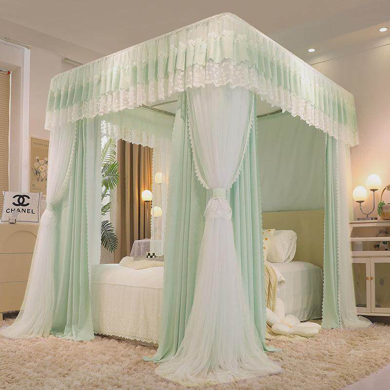 I9EK新款双层遮光床帘蚊帐一体式三开门布帘家用宫廷落地公主卧室