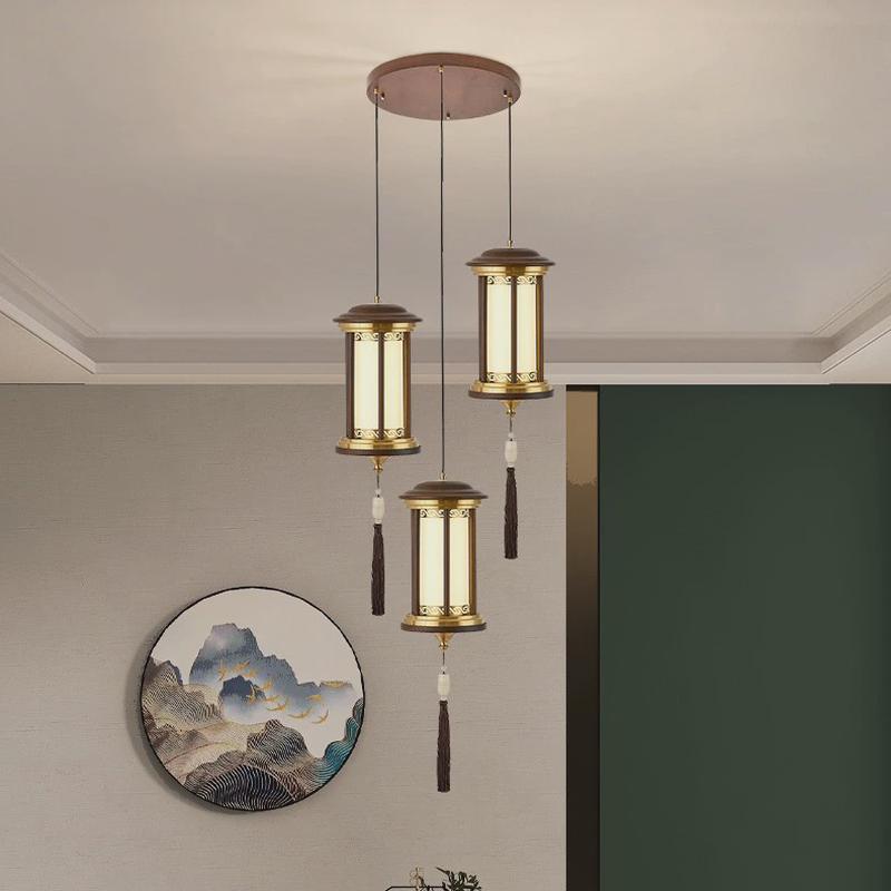 新中式吊灯3头实木圆形旋转楼梯过道走廊餐厅吧台中国风禅意民宿