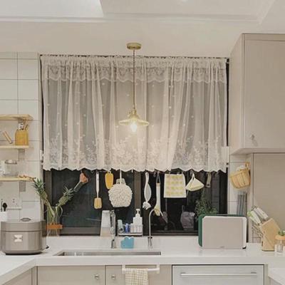 现代简约厨房短帘蕾丝纱帘半帘免打孔魔术贴遮挡隔断韩式门窗帘