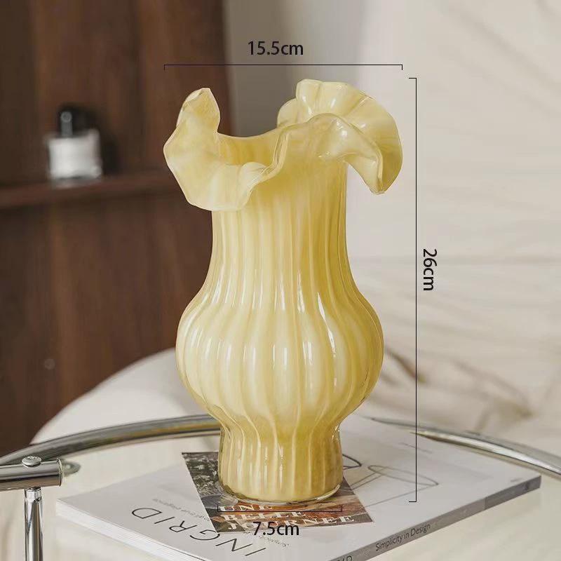 包邮创意插花玻璃花瓶客厅水养中古高级感百褶裙法式琉璃装饰摆件