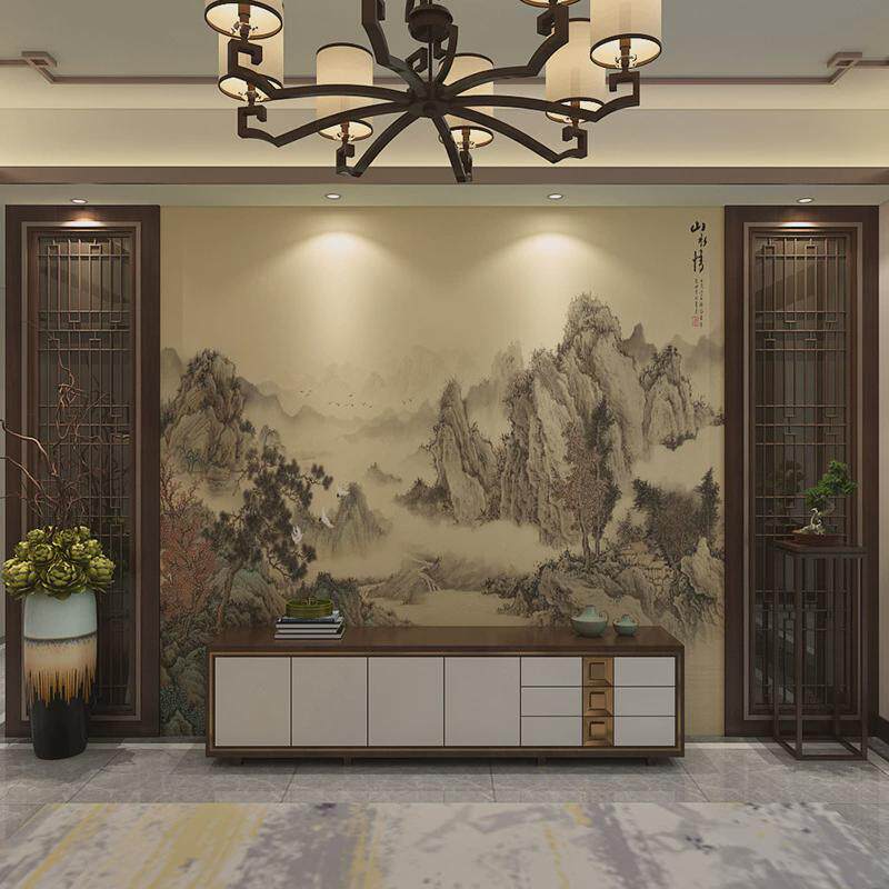 明清电视背景墙中式墙布古典客厅沙发影视墙纸山水手绘壁画水墨