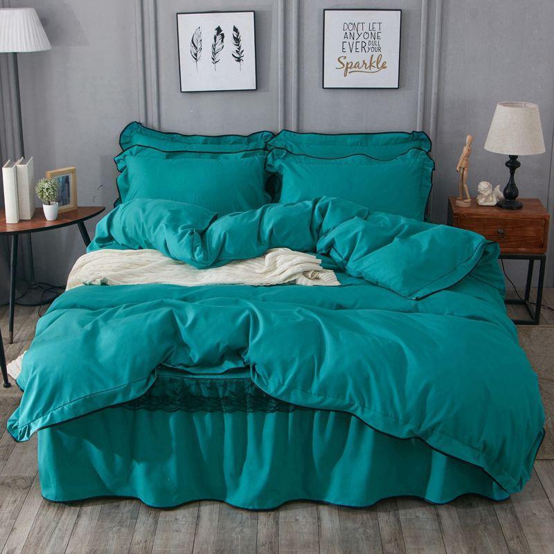 加厚磨毛蕾丝床裙四件套床上用品纯色被罩双人床婚套件被套单件床