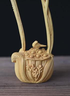 黄杨木荷花壶鹭一路连升实木摆件莲花复古文玩摆饰木雕工艺礼品