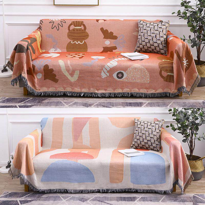 北欧几何半圆双面棉麻提花沙发巾盖布厚实全盖流苏立体沙发罩