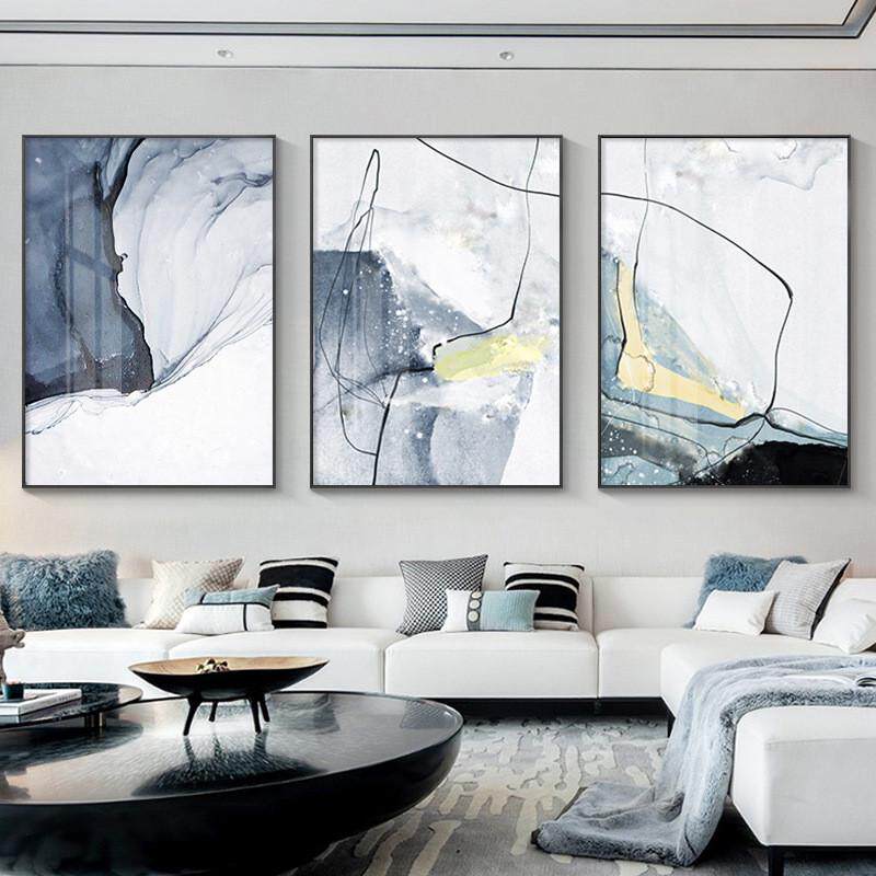 现代轻奢客厅装饰画抽象简约免打孔沙发背景墙挂画轻奢大气三联画