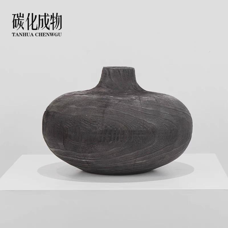 中式侘寂风碳化木花器日式简约酒店样板间客厅玄关电视柜桌面摆件
