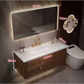 中式 岩板热弯无缝复古盆橡木浴室柜组合洗漱台洗手洗脸双盆陶瓷