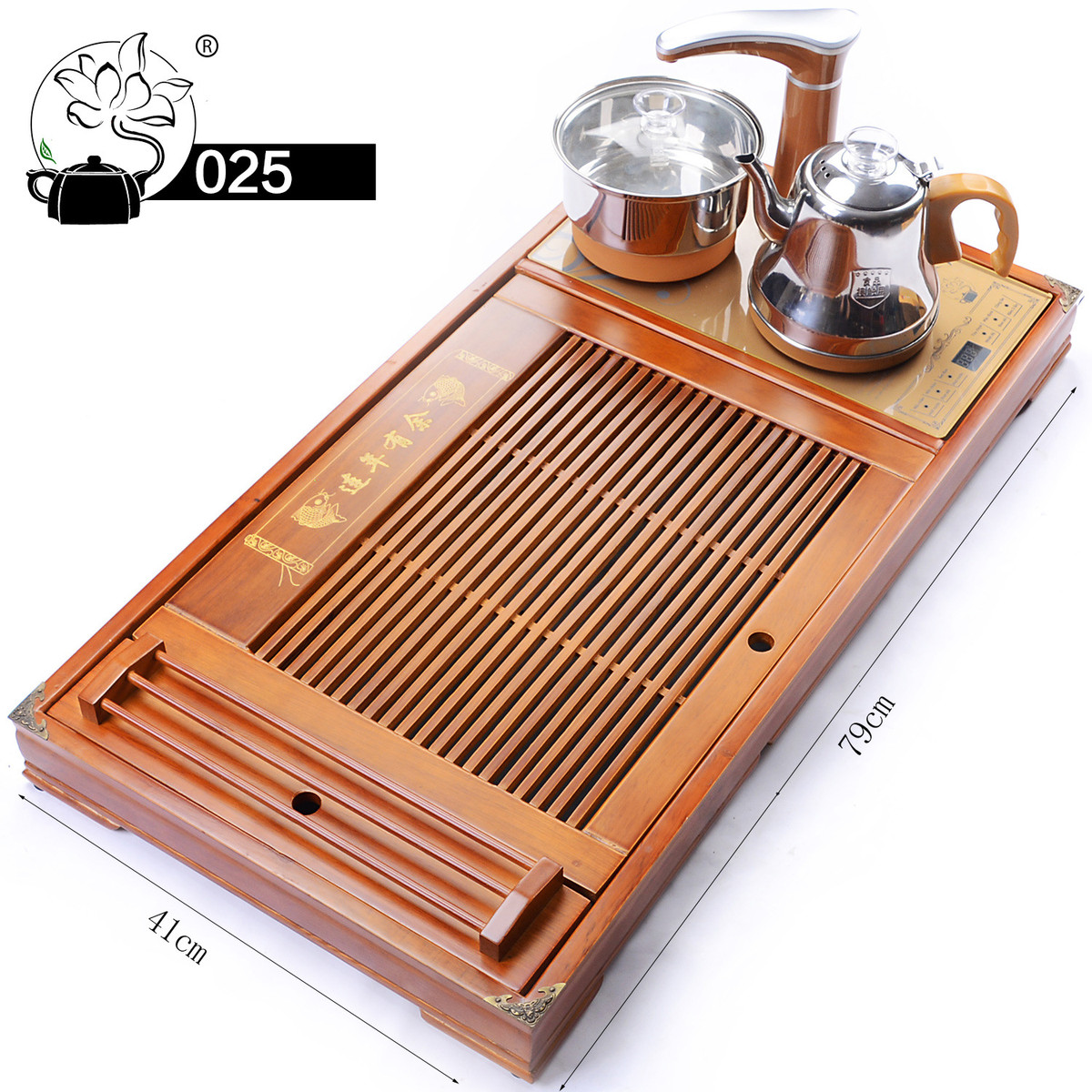 025家用功夫木色年年有余实木茶盘四合一套装茶台全自动电磁炉茶