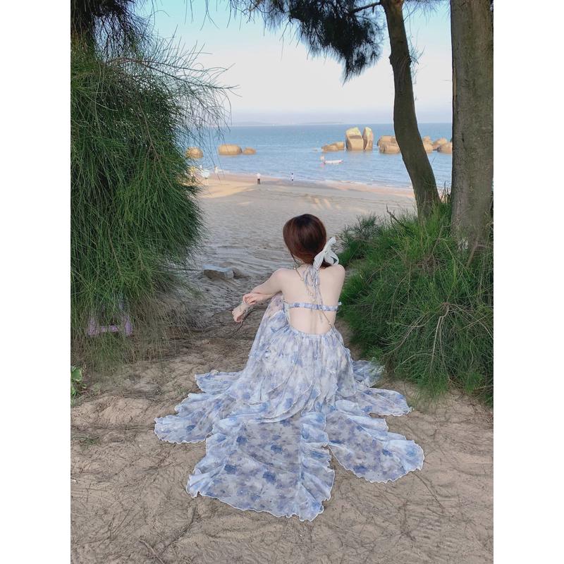 白里裙 蓝琳花染 雪纺挂脖碎花露背长裙拖地bailistudio度假新款