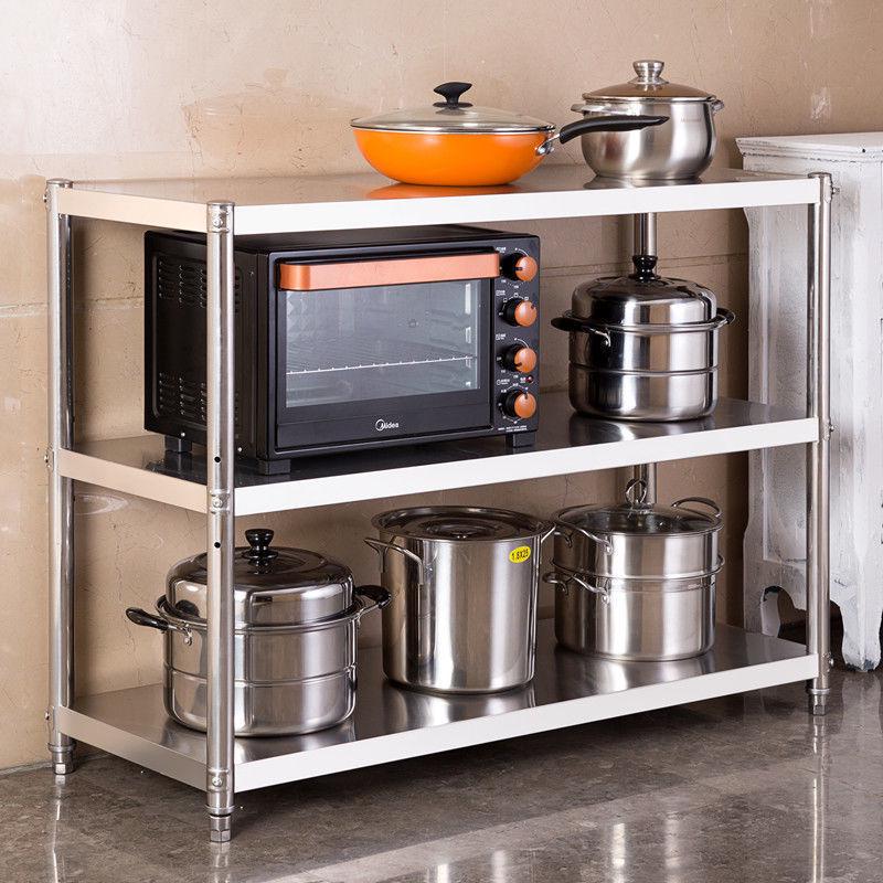 不锈钢厨房用具置物架三层落地锅架碗盘收纳微波炉储物架角架货架