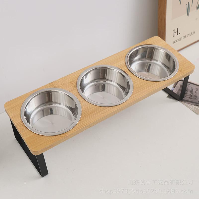 现货双碗式宠物碗架落地铁艺高脚喂食器饮水架木质猫碗架宠物小狗
