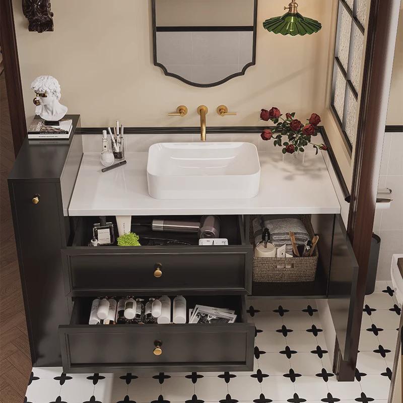 法式中古风浴室柜组合卫生间岩板陶瓷一体盆实木洗漱台洗手洗脸台