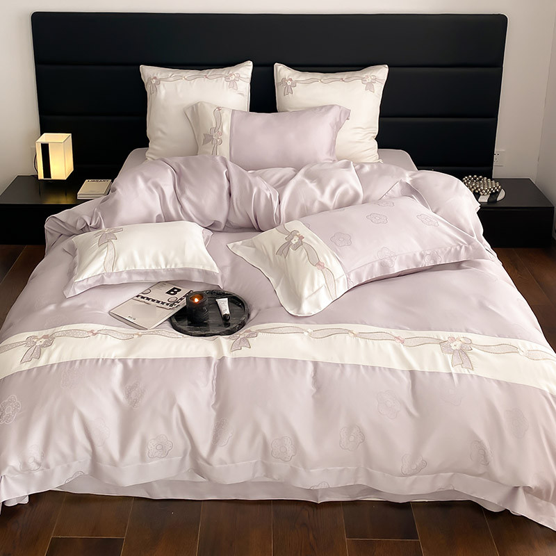 i9at少女心兰80支春夏季精天丝四件套蝴蝶结刺绣提花丝滑被套床上