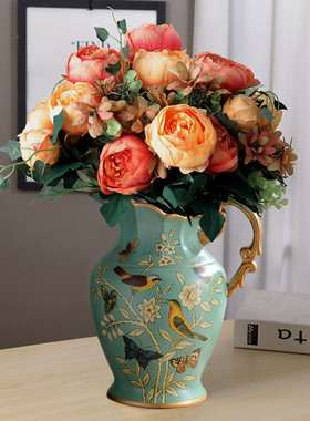 家居装饰陶瓷花瓶复古摆件客厅插花美式花花假花工艺品摆设