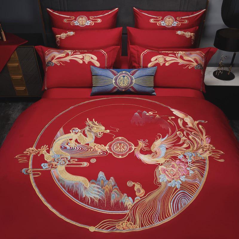 热销龙凤刺绣大红色四件套长绒棉被套备婚床上用品南通叠石桥家纺