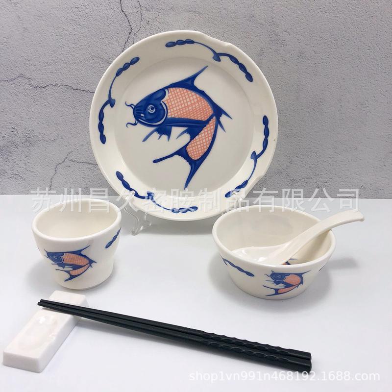 A8密胺餐具餐厅酒店烤鱼火锅店带筷槽摆台五件套碗盘杯勺筷套装