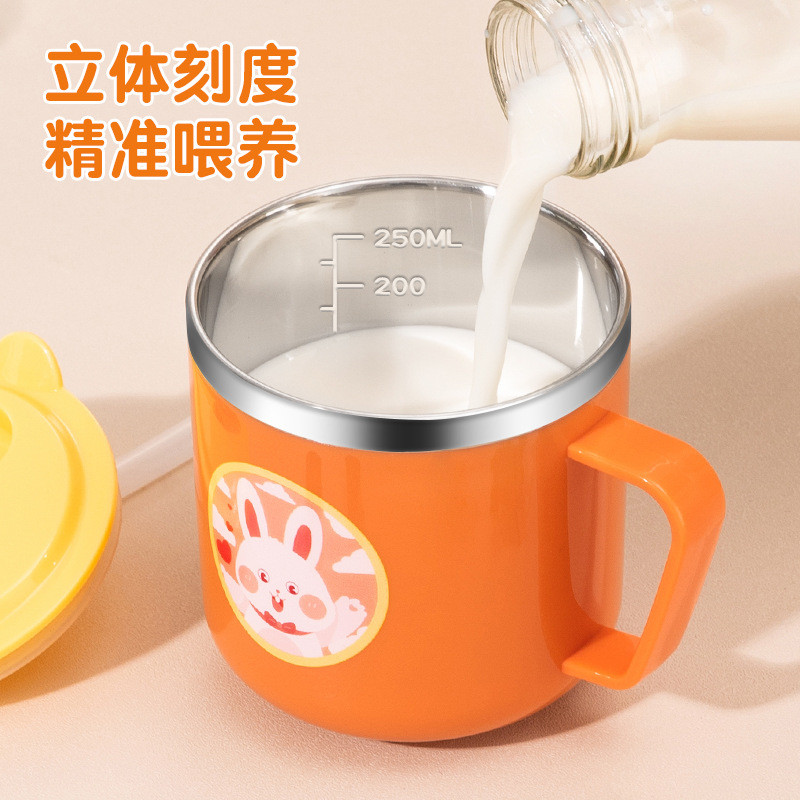 儿童水杯带刻度喝水防摔304不锈钢直饮学饮杯吸管杯子宝宝牛奶杯