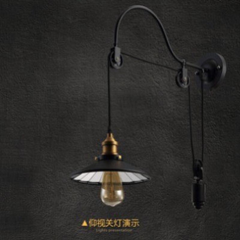 复古工业风美式升降壁灯床头灯过道楼梯卧室客厅铁艺滑轮升降壁灯