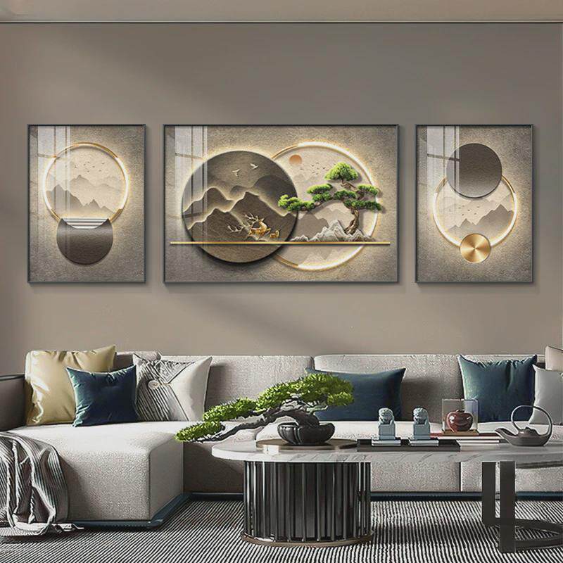 沙发背景墙三联画山水客厅挂画2023新款迎客松装饰画新中式免打孔