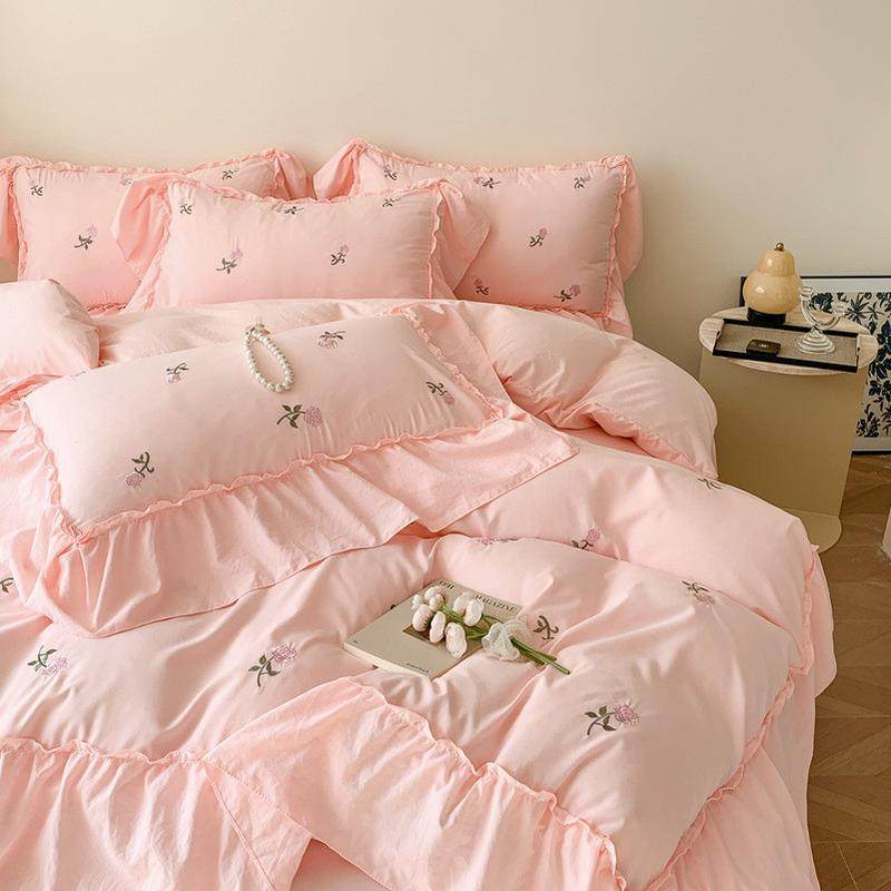 水洗棉四件套简约刺绣小雏菊绣花套件单双人学生宿舍四件套奶油床