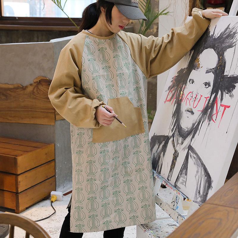 新款大号泼水罩衣棉质防全身宽松厨房家用画室棉麻透气有袖围裙