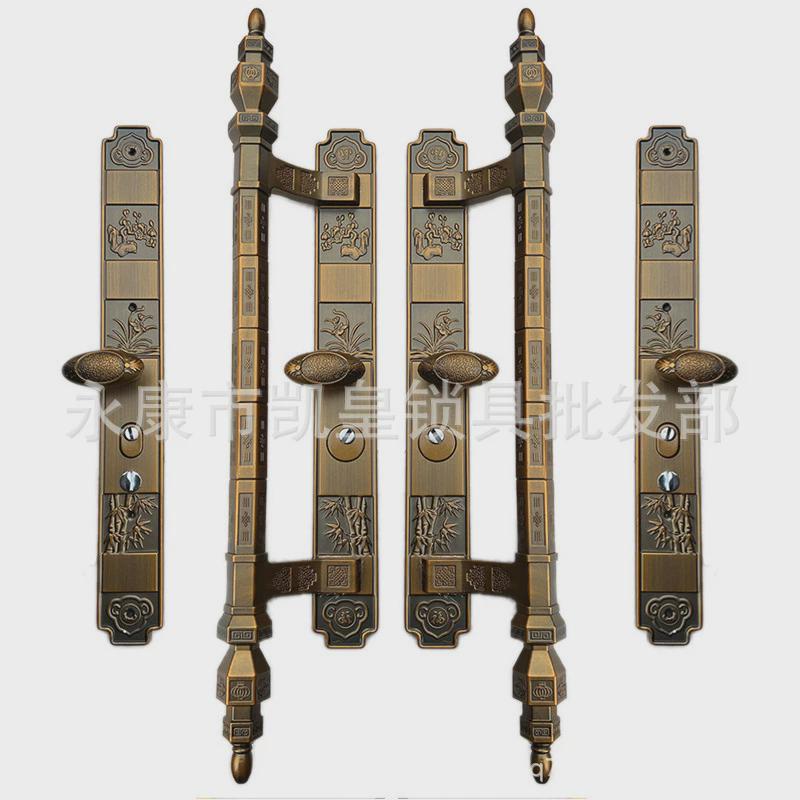 古铜豪华防盗大门拉手红梅兰竹菊灰色双开门把手别墅入户门锁加厚