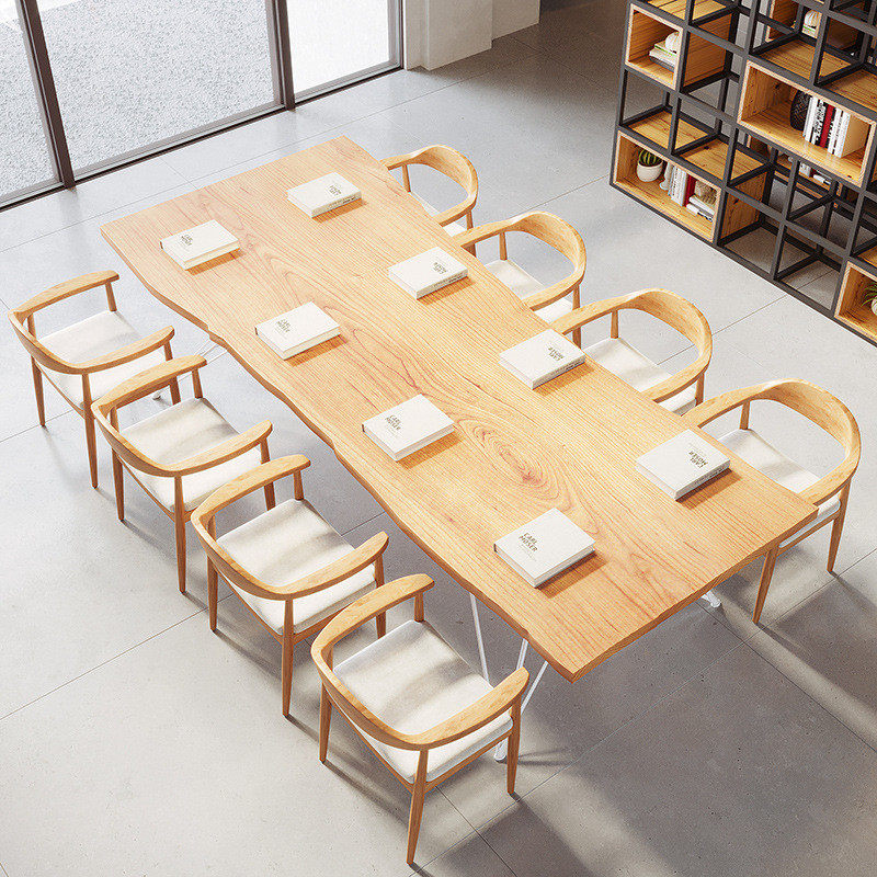 现代简约整板会议桌原木大板loft工业风办公桌自然边长条大班台