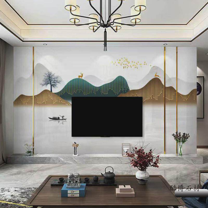 瓷砖电视背景墙效果图高温微晶石岩大板现代简约客厅石材板沙发墙