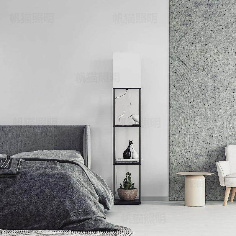 布罩落地灯置物架灯书架落地灯拉链开关方型黑色布艺落地灯实木