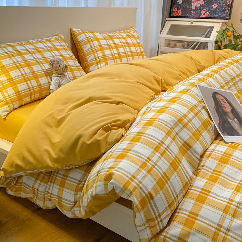 家纺批发复古日式条纹格子磨毛床上四件套床单被套三件套代发