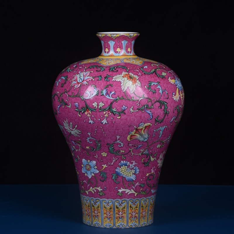 仿古珐琅彩仿清满地黄扒花缠枝莲大号描金梅瓶新中式装饰品陶瓷